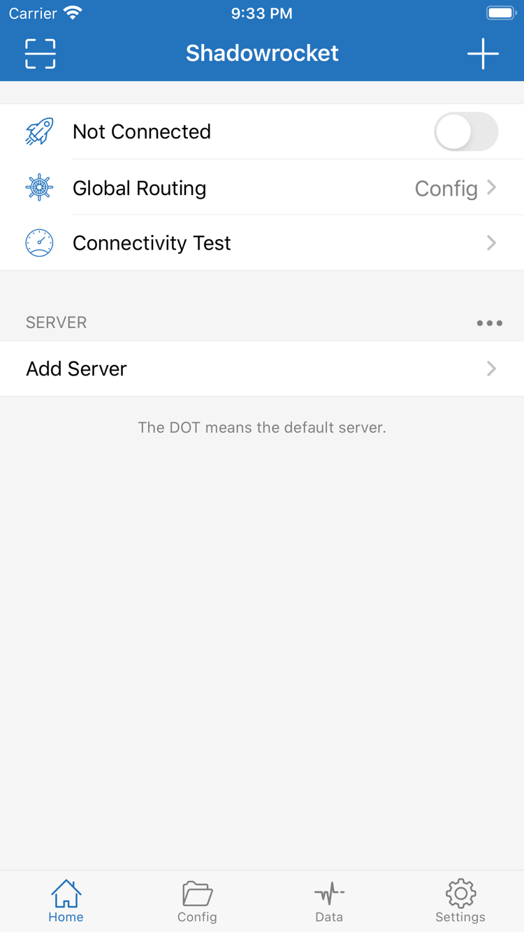 Shadowrocket 공식 Home 스크린샷: Not Connected 스위치, Global Routing의 Config, Connectivity Test, SERVER 및 Add Server 표시