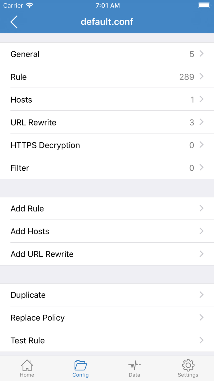 Shadowrocket의 Config 설정 파일 편집 화면. General, Rule, Hosts, URL Rewrite, HTTPS Decryption 및 Add Rule이 표시됩니다