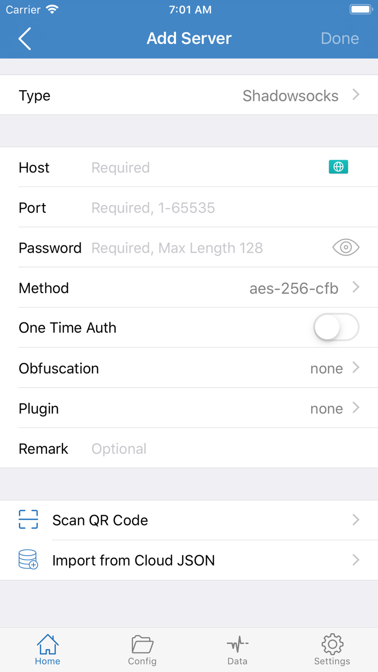 Shadowrocket 공식 Add Server 스크린샷: Type, Host, Port, Password, Method와 Scan QR Code 및 Import from Cloud JSON 표시