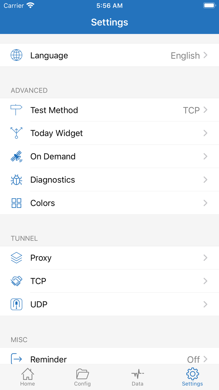 Shadowrocket의 Settings 화면. Language, Test Method, Today Widget, On Demand, Diagnostics, Proxy, TCP, UDP가 표시됩니다